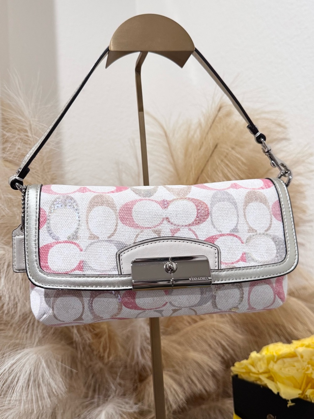 Coach Kristen Pink Multicolor Sequin Signature Canvas Flap Shoulder Bag Y2K